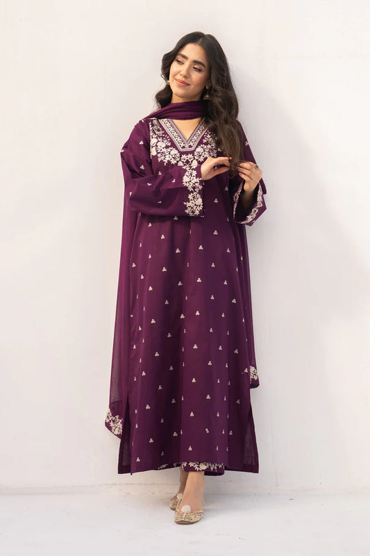 Royal Purple Embroidered Lawn 3-Piece Suit