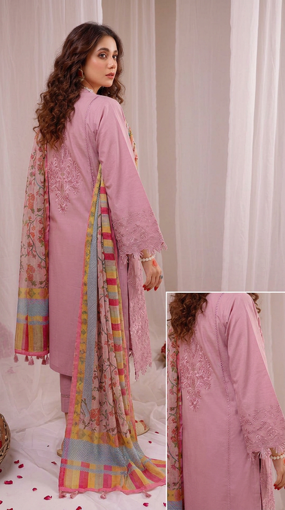 Premium Pink Embroidered Lawn Unstitched 3 Piece Dress