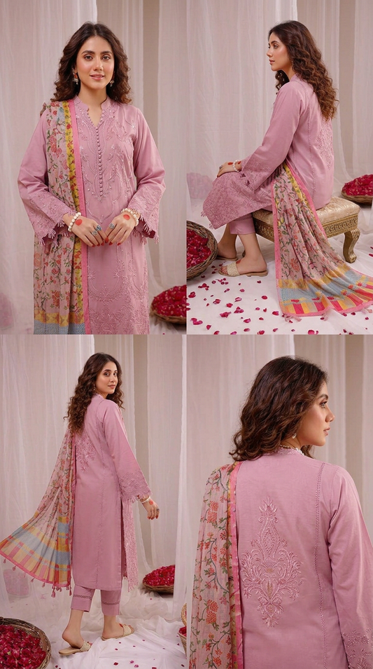 Premium Pink Embroidered Lawn Unstitched 3 Piece Dress