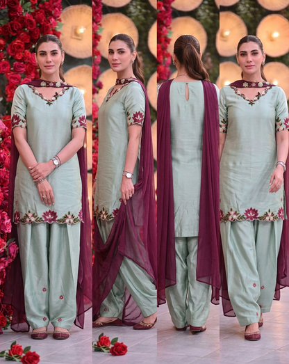 Premium Mint Green 3 Piece Unstitched Silk Embroidered  Suit