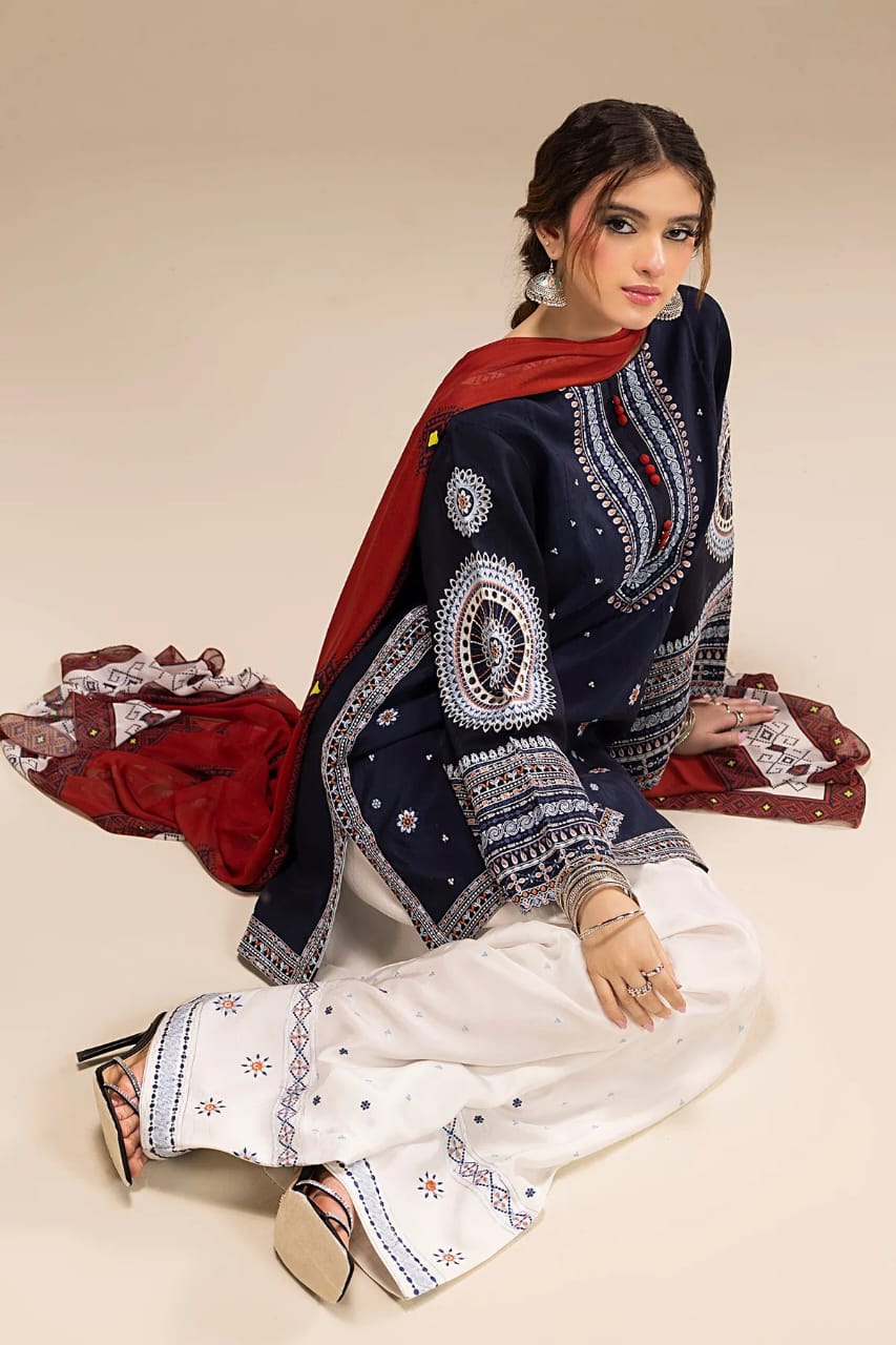 Navy Blue Embroidered Lawn 3-Piece