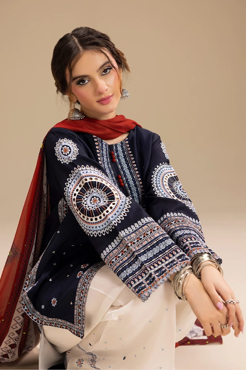 Navy Blue Embroidered Lawn 3-Piece