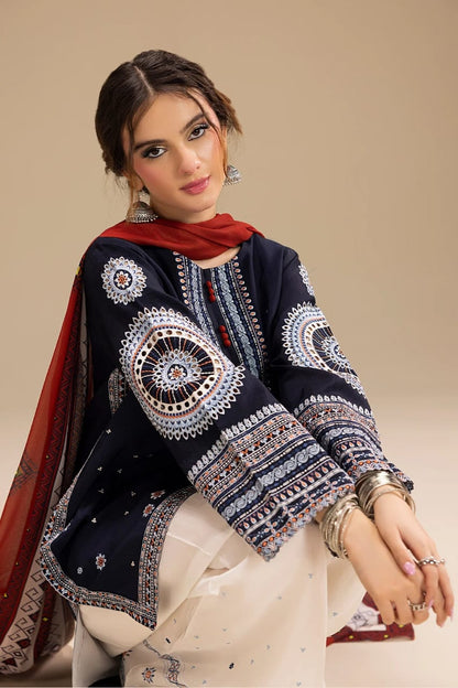 Navy Blue Embroidered Lawn 3-Piece