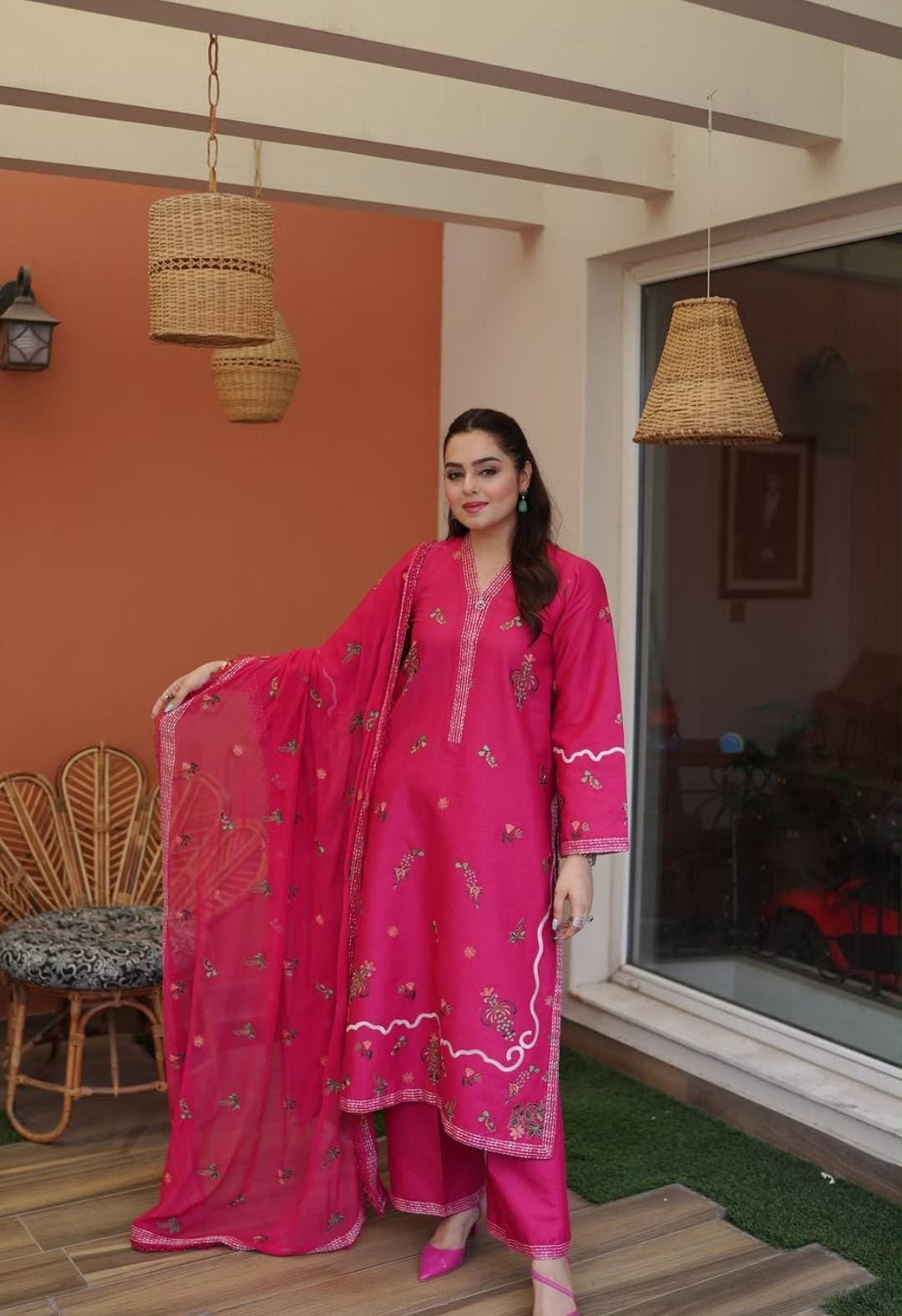 Hot Pink Embroidered 3 Piece Unstitched Viscose Suit