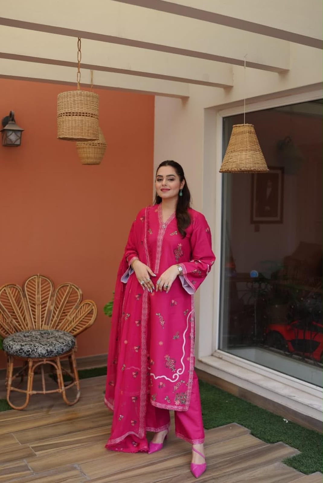 Hot Pink Embroidered 3 Piece Unstitched Viscose Suit
