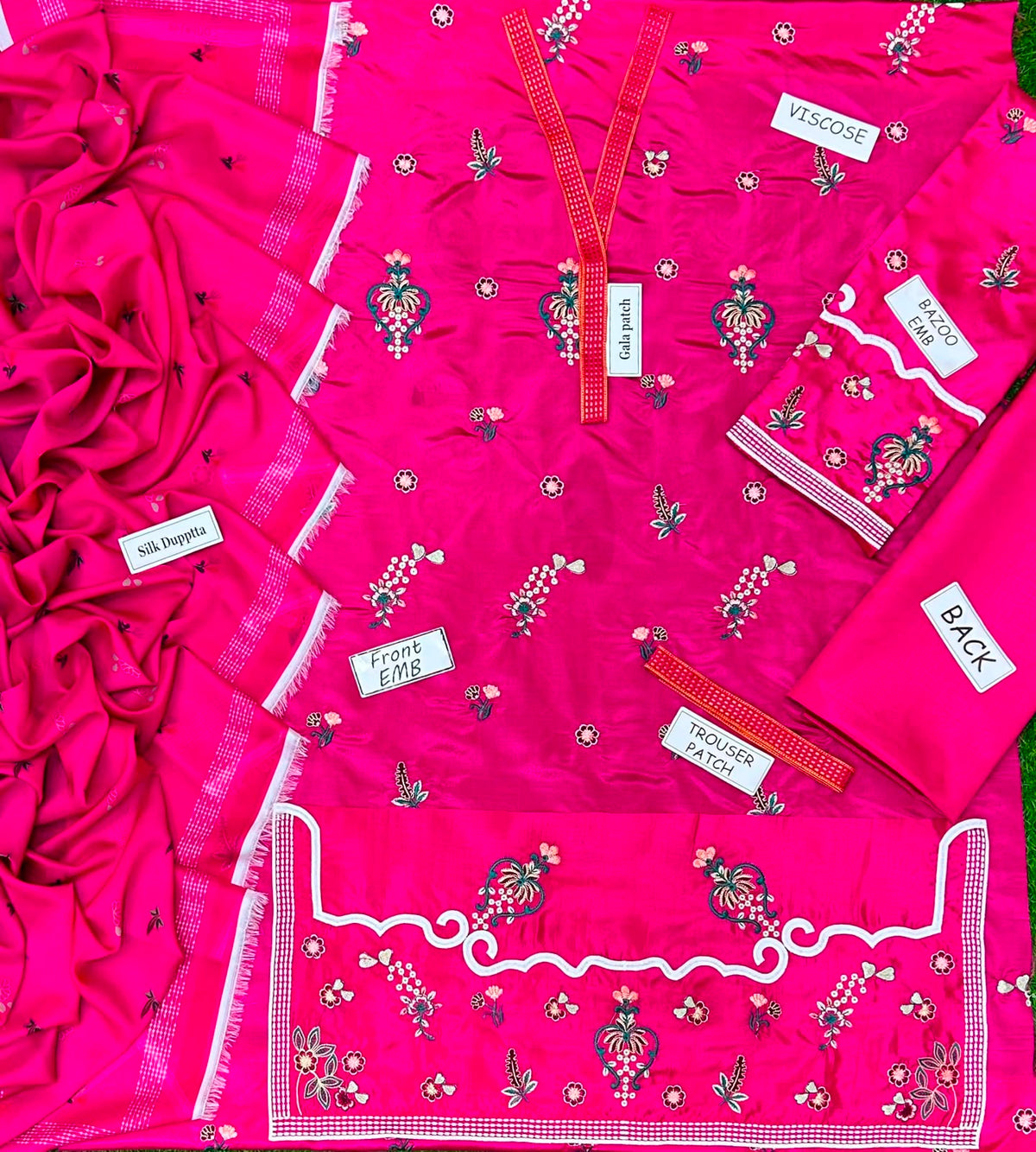 Hot Pink Embroidered 3 Piece Unstitched Viscose Suit