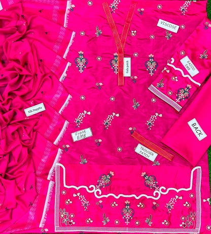 Hot Pink Embroidered 3 Piece Unstitched Viscose Suit