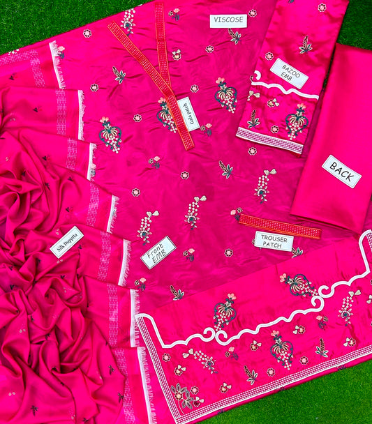 Hot Pink Embroidered 3 Piece Unstitched Viscose Suit
