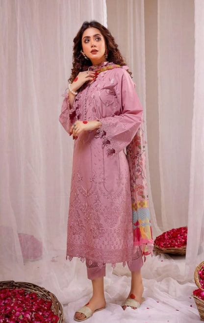 Premium Pink Embroidered Lawn Unstitched 3 Piece Dress