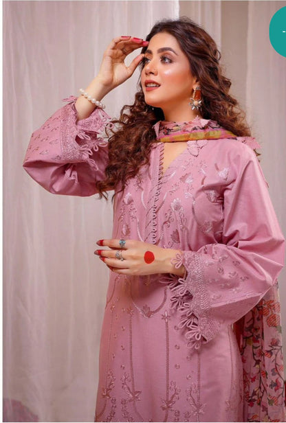 Premium Pink Embroidered Lawn Unstitched 3 Piece Dress