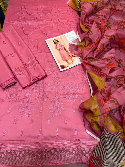 Premium Pink Embroidered Lawn Unstitched 3 Piece Dress