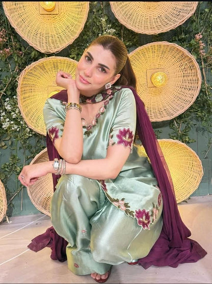 Premium Mint Green 3 Piece Unstitched Silk Embroidered  Suit