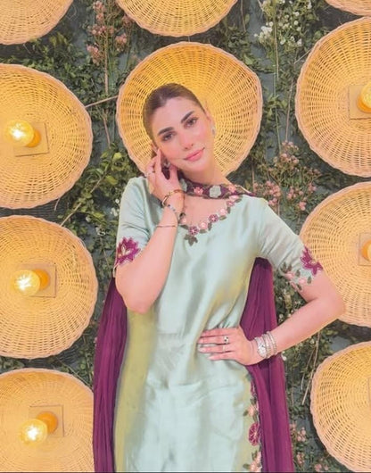 Premium Mint Green 3 Piece Unstitched Silk Embroidered  Suit