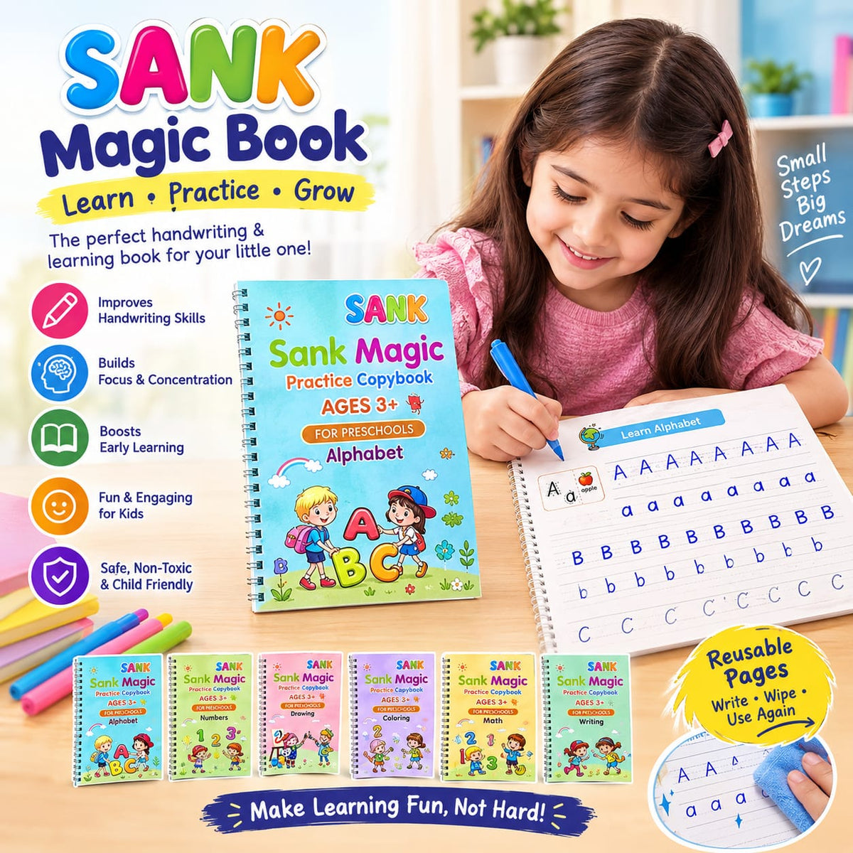 SANK Magic Practice Copybook – Reusable Writing & Learning Book for Kids (Ages 3+)