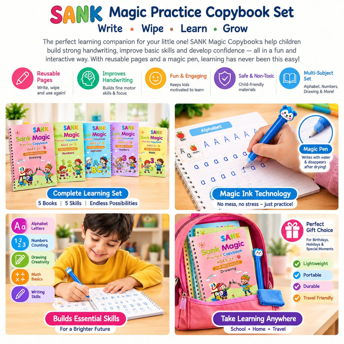 SANK Magic Practice Copybook – Reusable Writing & Learning Book for Kids (Ages 3+)