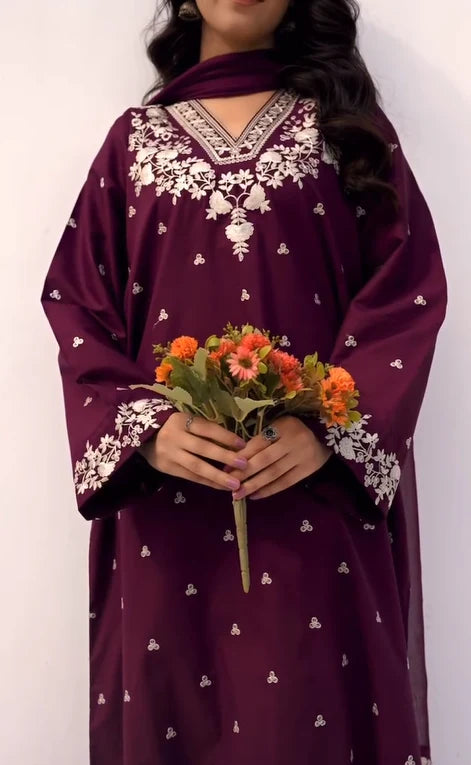 Royal Purple Embroidered Lawn 3-Piece Suit