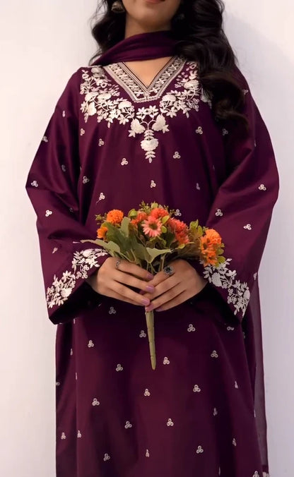 Royal Purple Embroidered Lawn 3-Piece Suit