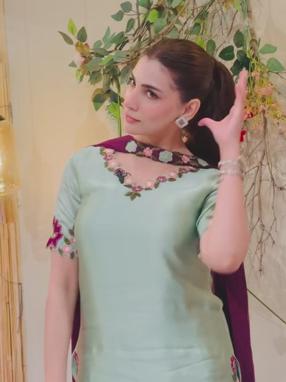 Premium Mint Green 3 Piece Unstitched Silk Embroidered  Suit